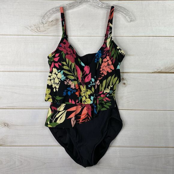 Auqa Green One Piece Swimsuit Womens L Black Floral Ruffled Strappy Beach NEW - Picture 1 of 10
